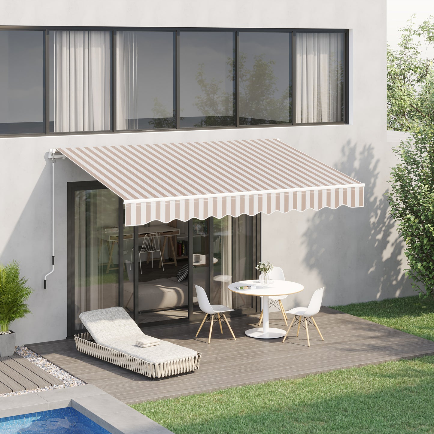 Retractable awning with beige and white stripes providing shade for patio furniture
