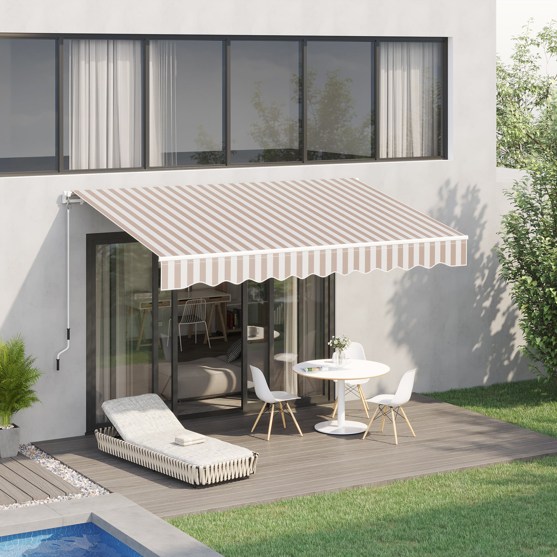 Retractable awning with beige and white stripes providing shade for patio furniture
