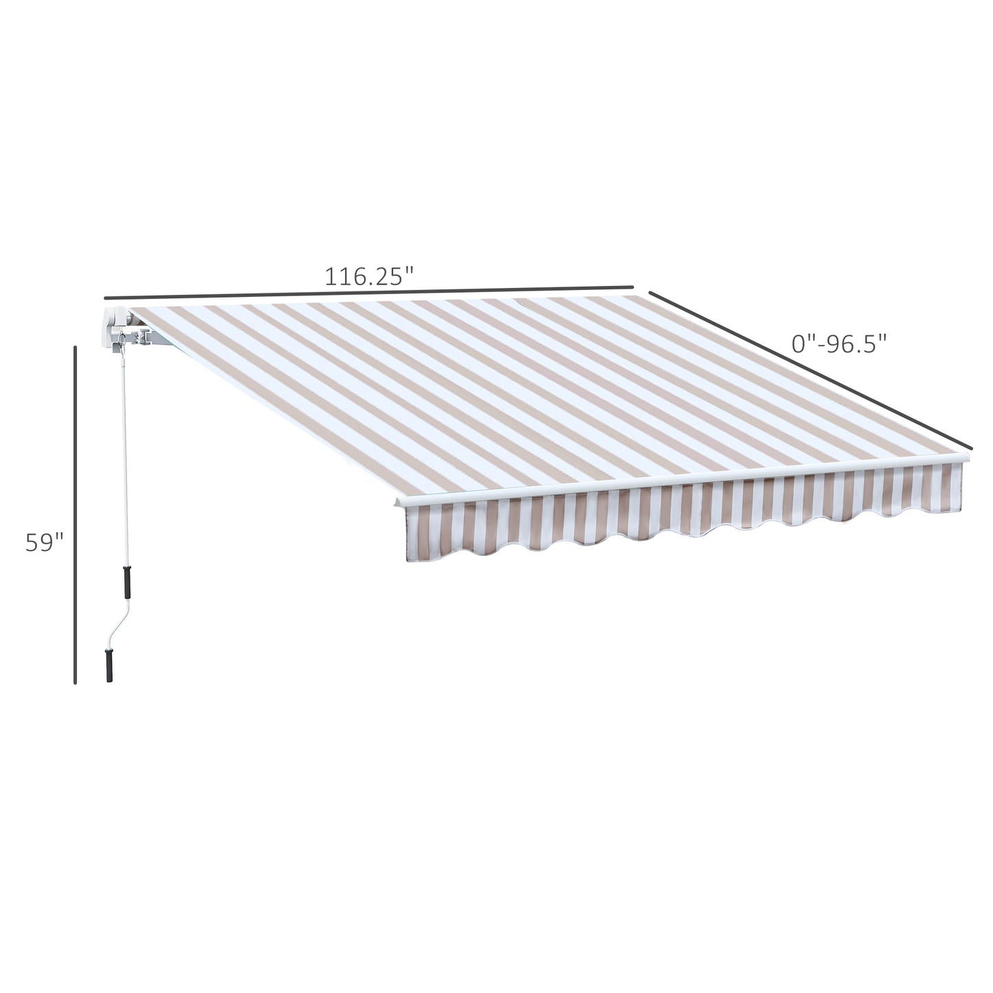 Retractable awning with tan and white stripes  inches wide