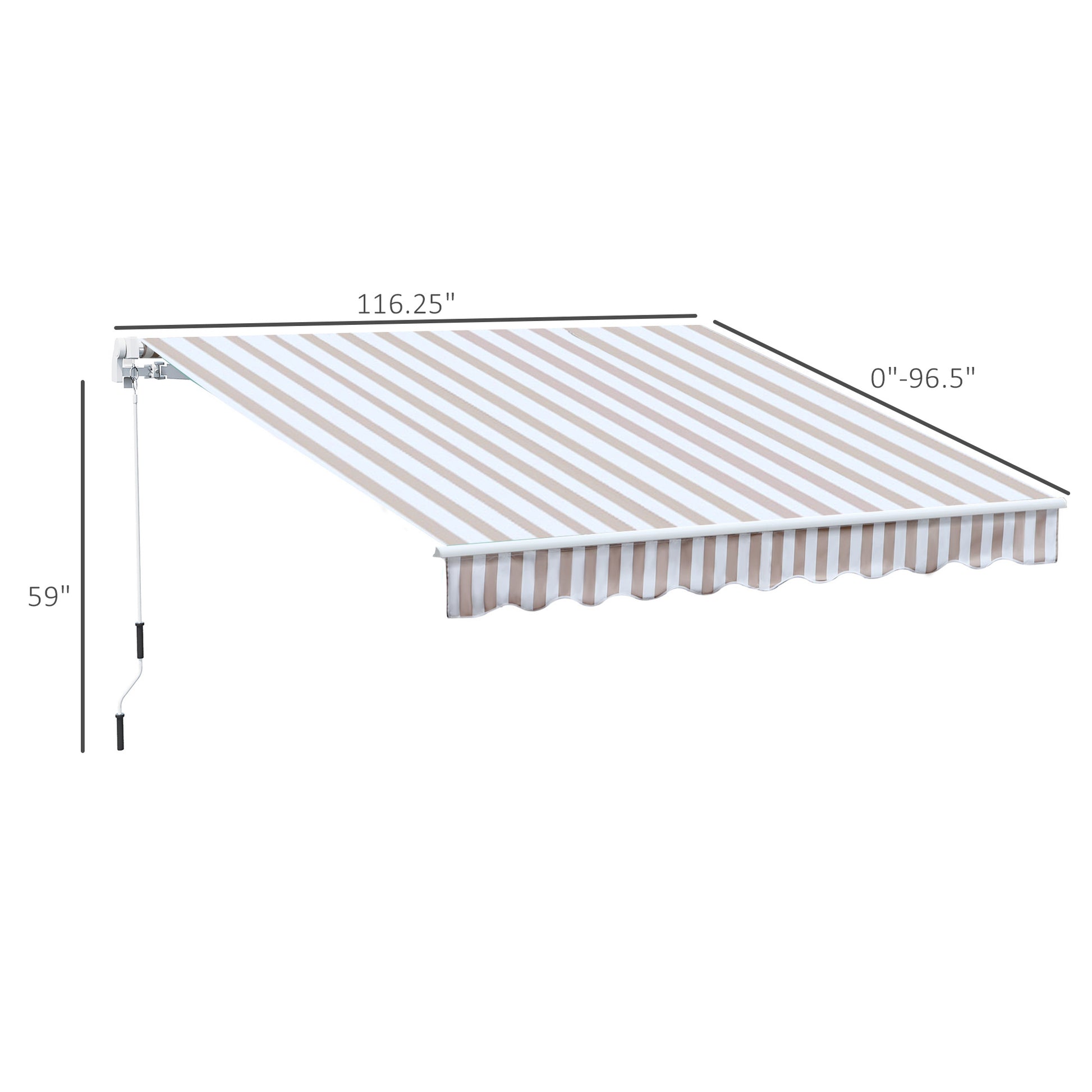 Retractable awning with tan and white stripes  inches wide