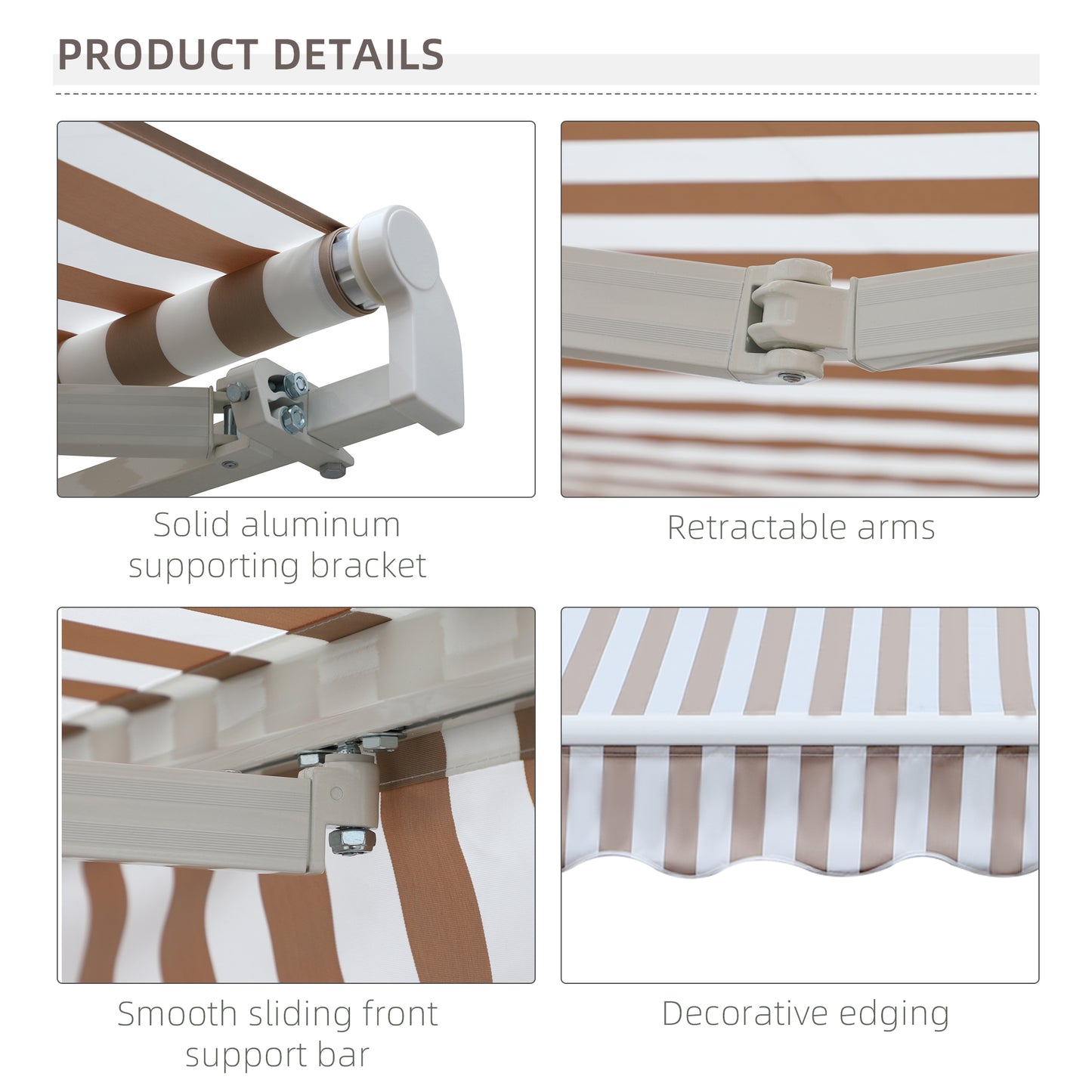 Brown and white striped retractable awning with a solid aluminum bracket