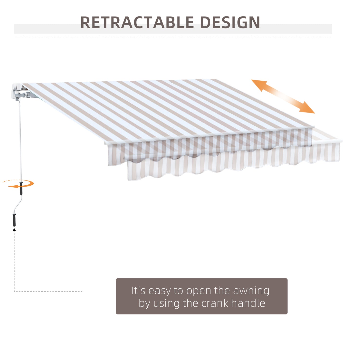 Striped retractable awning in beige and white with scalloped valance and crank mechanism shown