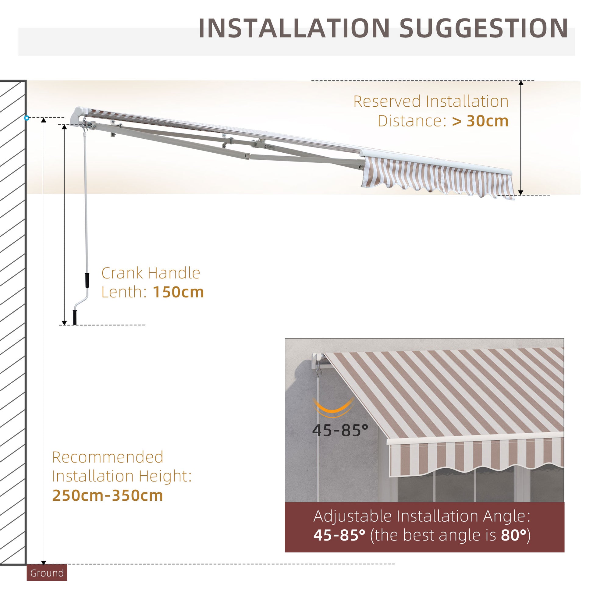 Retractable awning installation guide showing crank handle and height