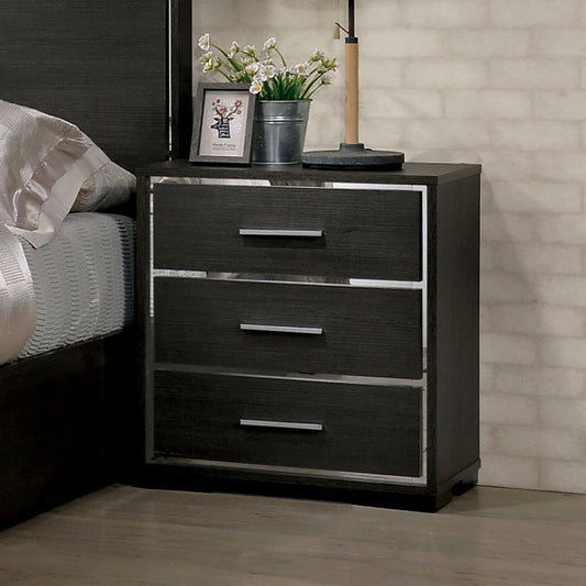 Dark wood nightstand with three drawers and silver hardware