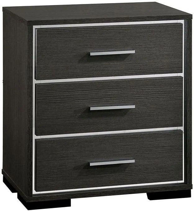 Dark gray wood veneer nightstand with three drawers and silver hardware
