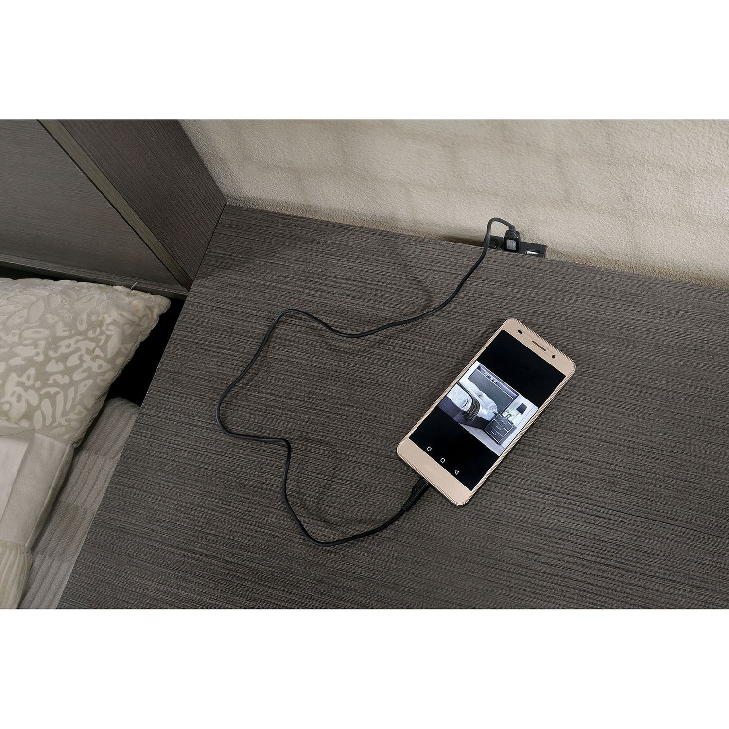 Modern bedside table with integrated USB charging ports for convenience