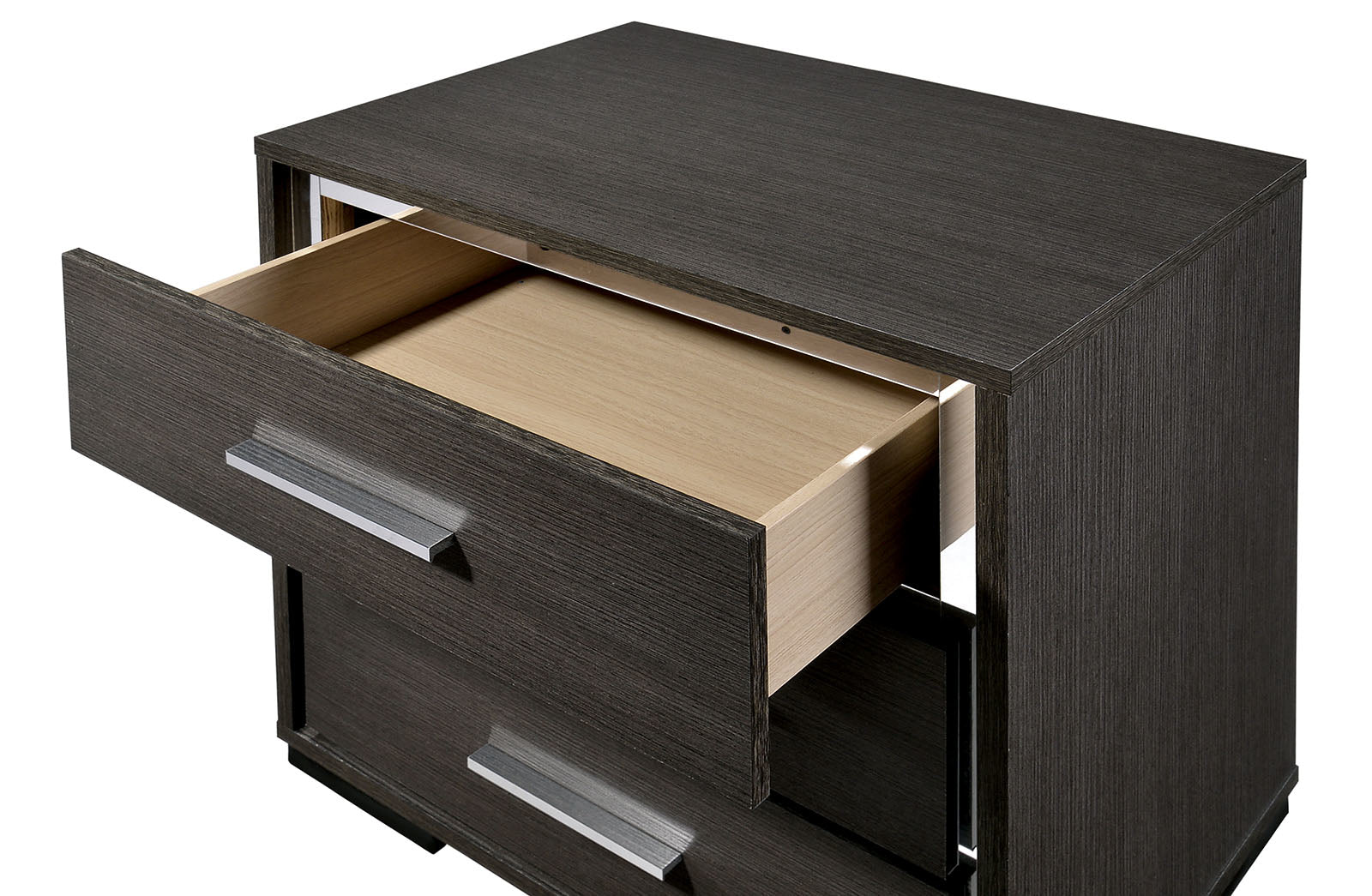Dark gray wood nightstand with one open drawer and silver handle