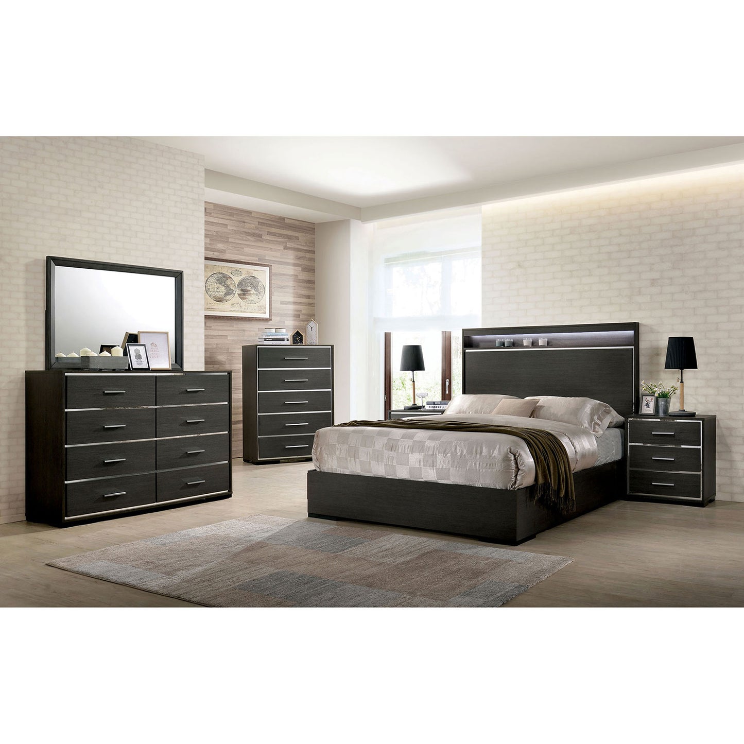 Dark gray wooden bed frame with builtin LED headboard lighting