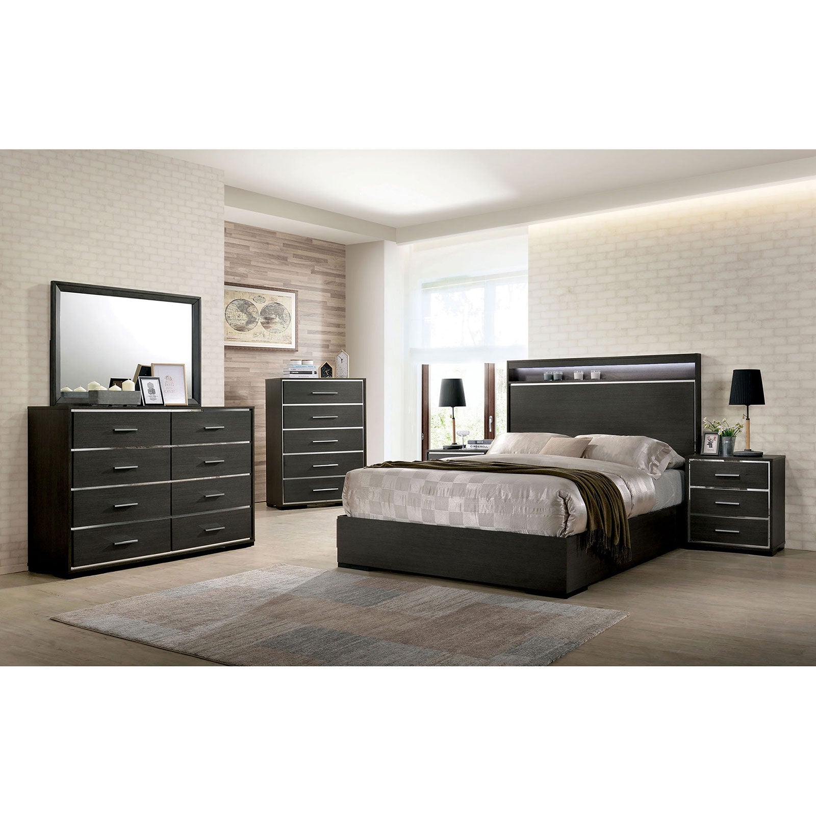 Dark gray wooden bed frame with builtin LED headboard lighting