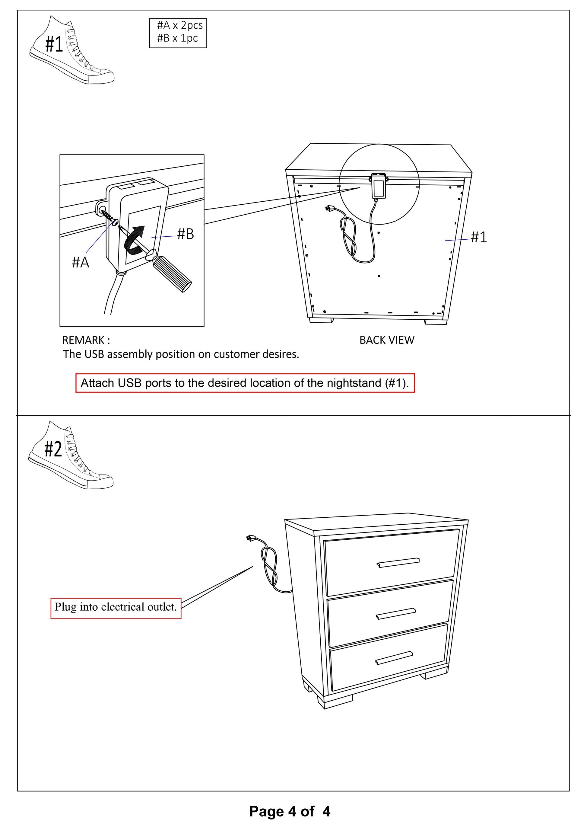 Diagram showing attachment of USB ports to nightstand