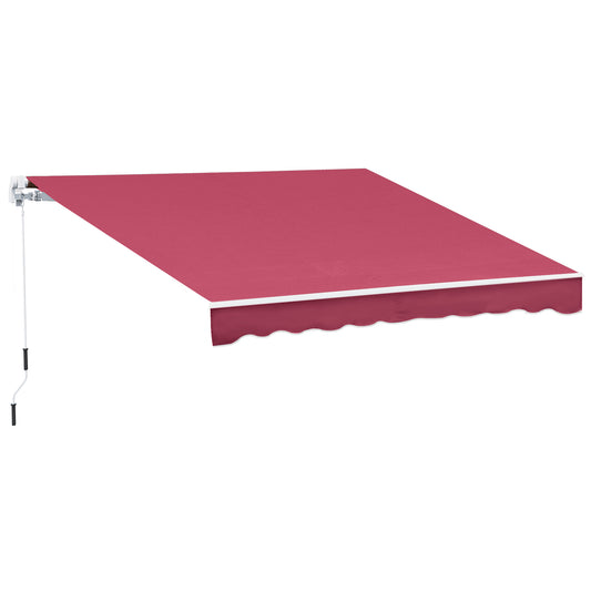 Red retractable awning with scalloped valance and white trim