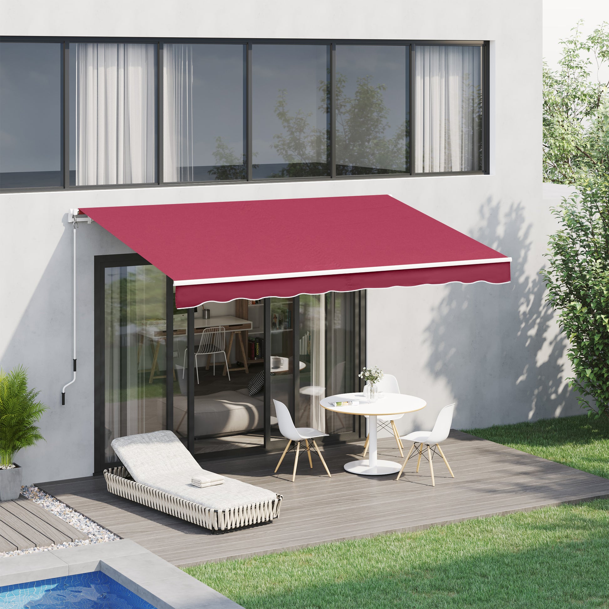 Red retractable awning with scalloped edge provides patio shade