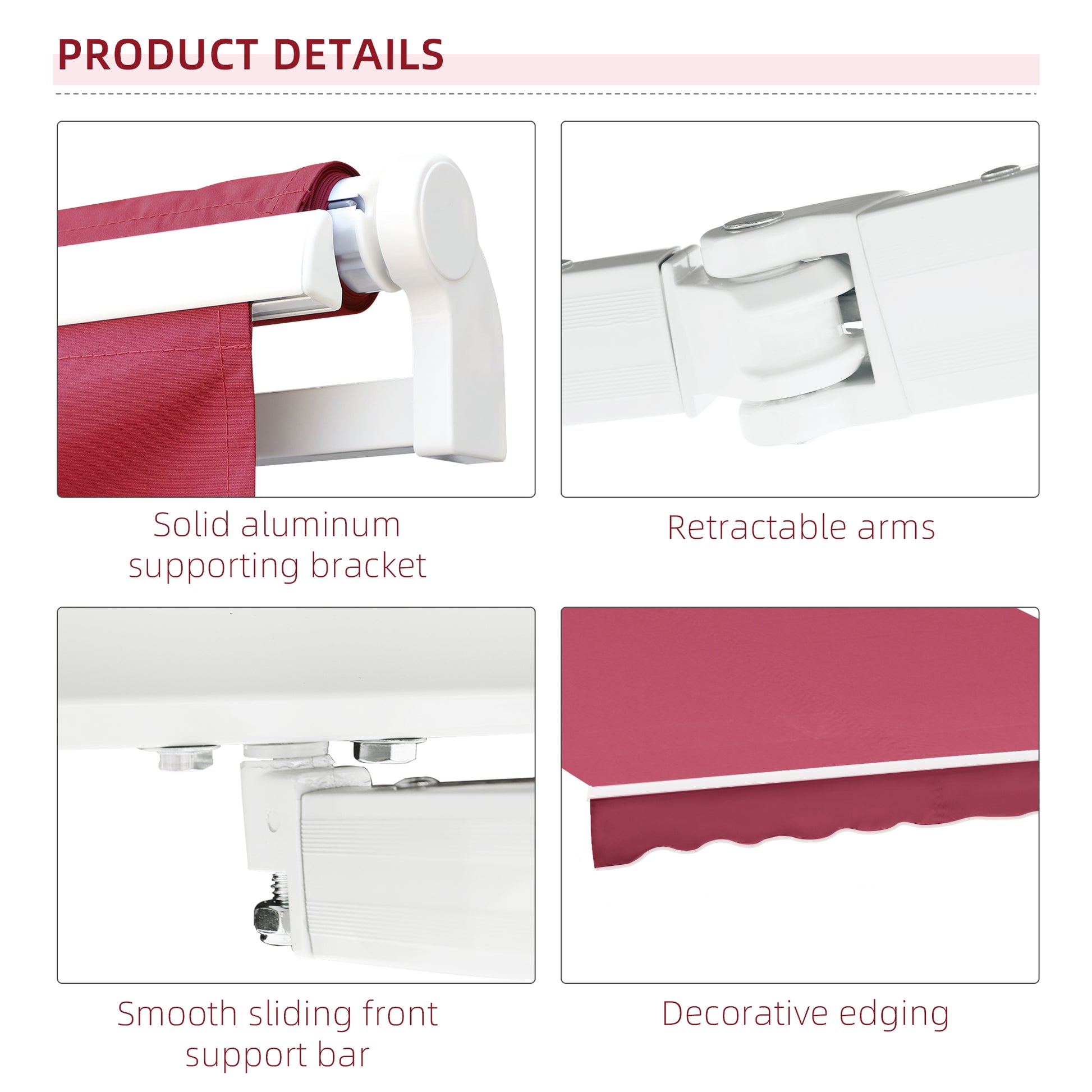 Red awning fabric with solid aluminum bracket closeup