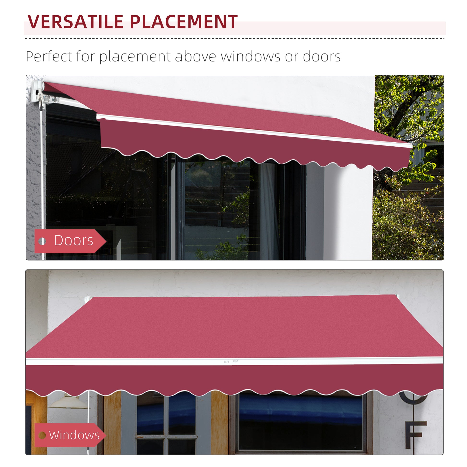 Crimson red retractable awning installed above a modern home door for shade
