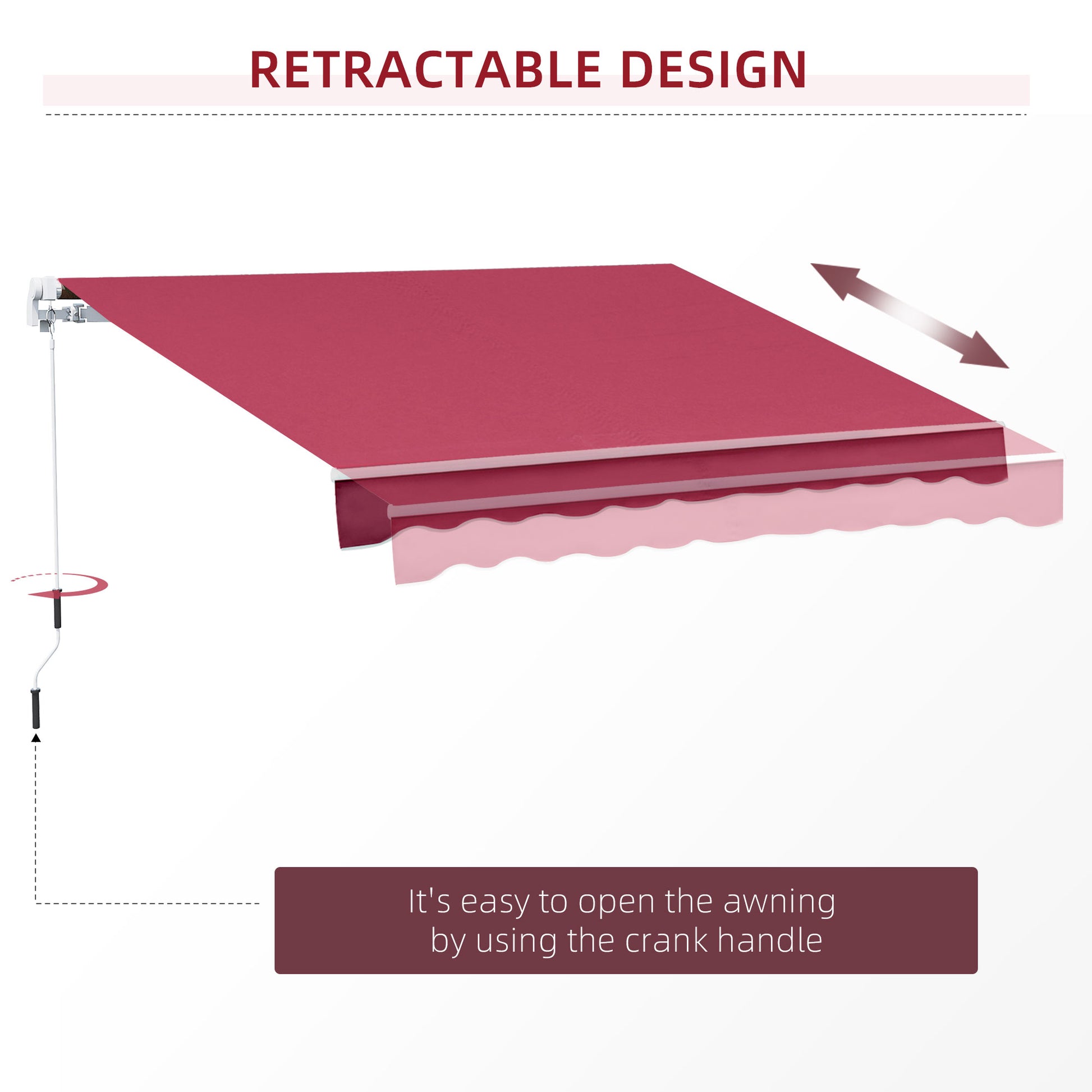 Red fabric retractable awning shown partially extended with crank handle operation
