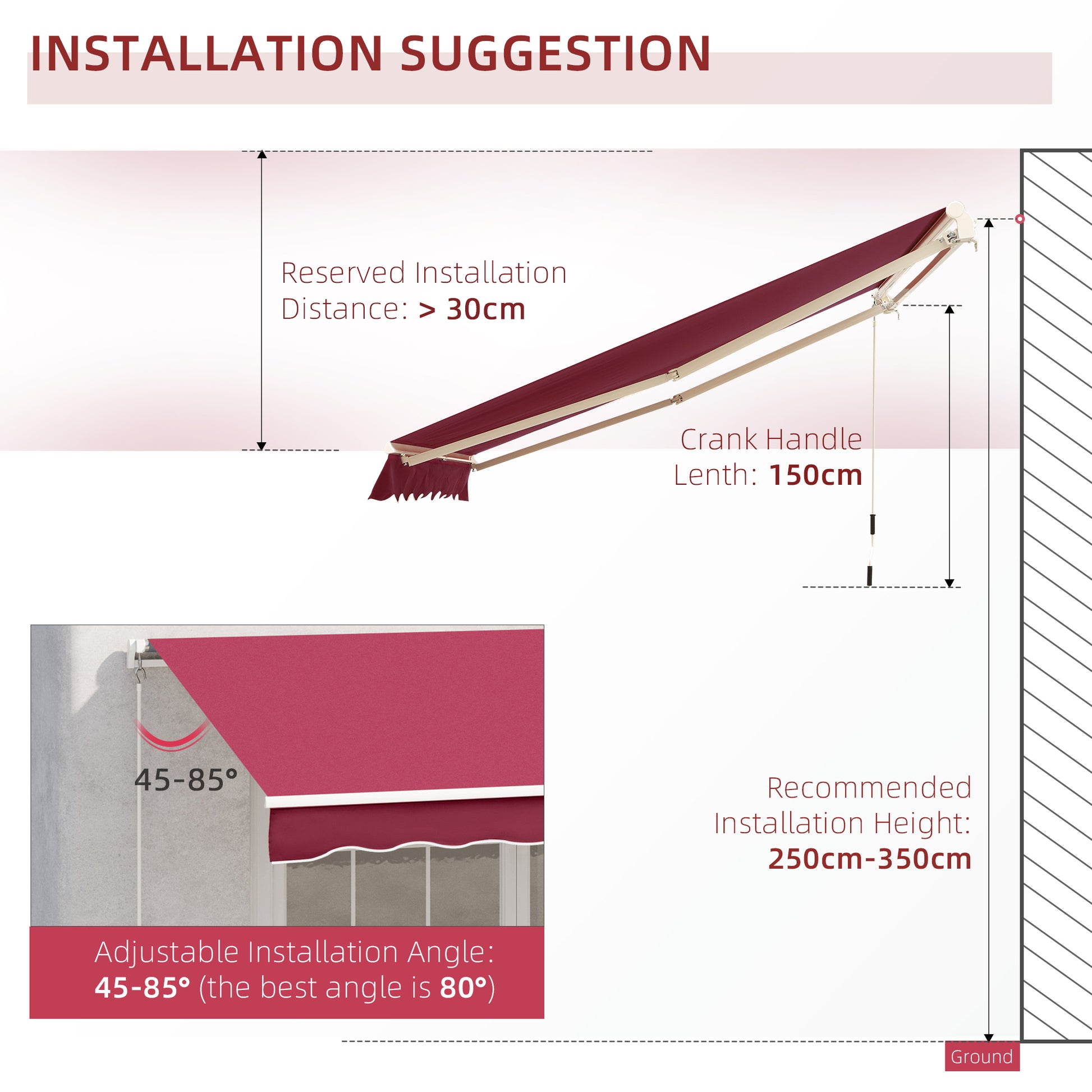 Red retractable awning installation suggestion with cm distance