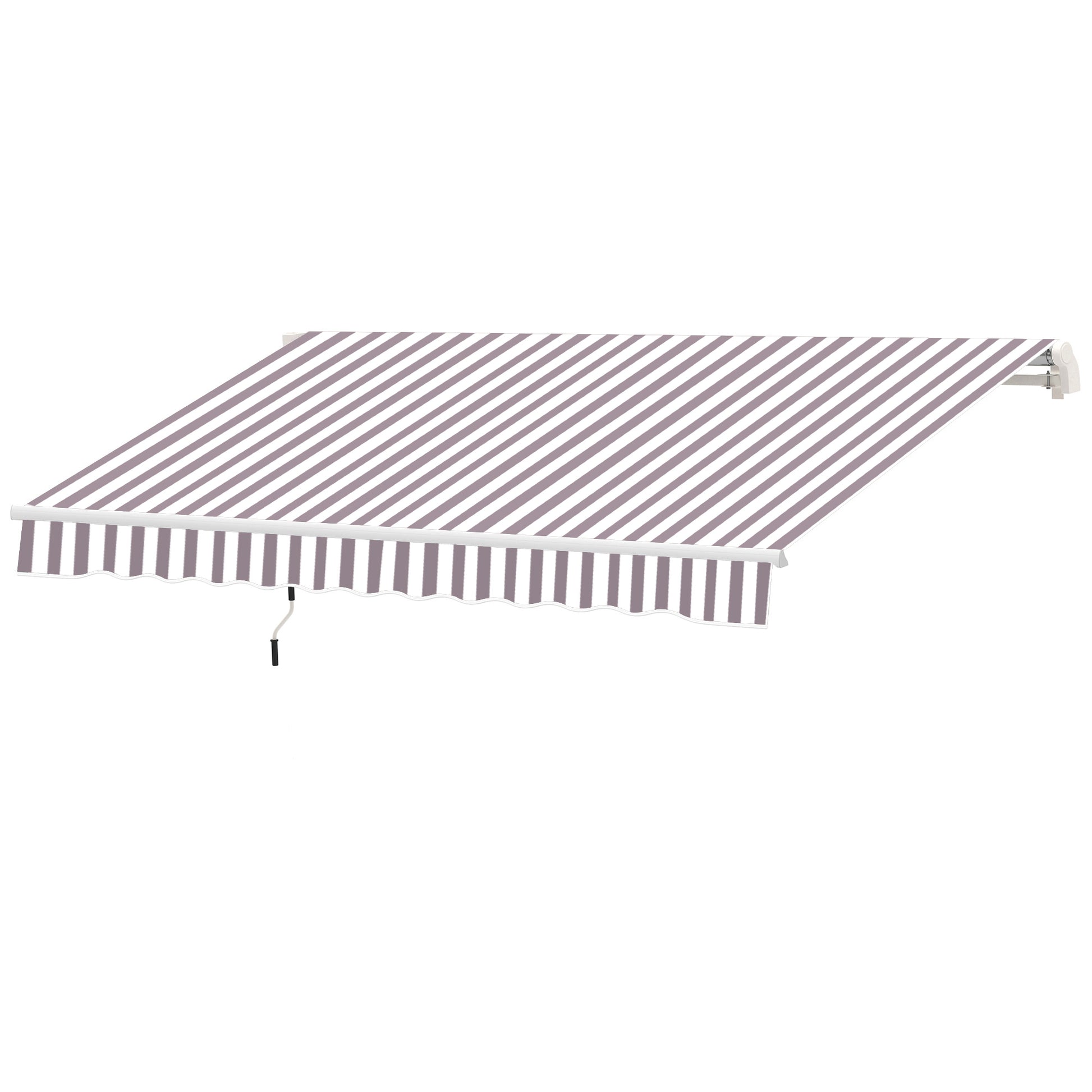 Retractable awning with purple and white diagonal stripes and a scalloped valance