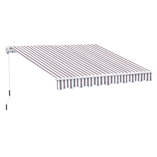 Striped brown and white retractable awning for patios and outdoor spaces
