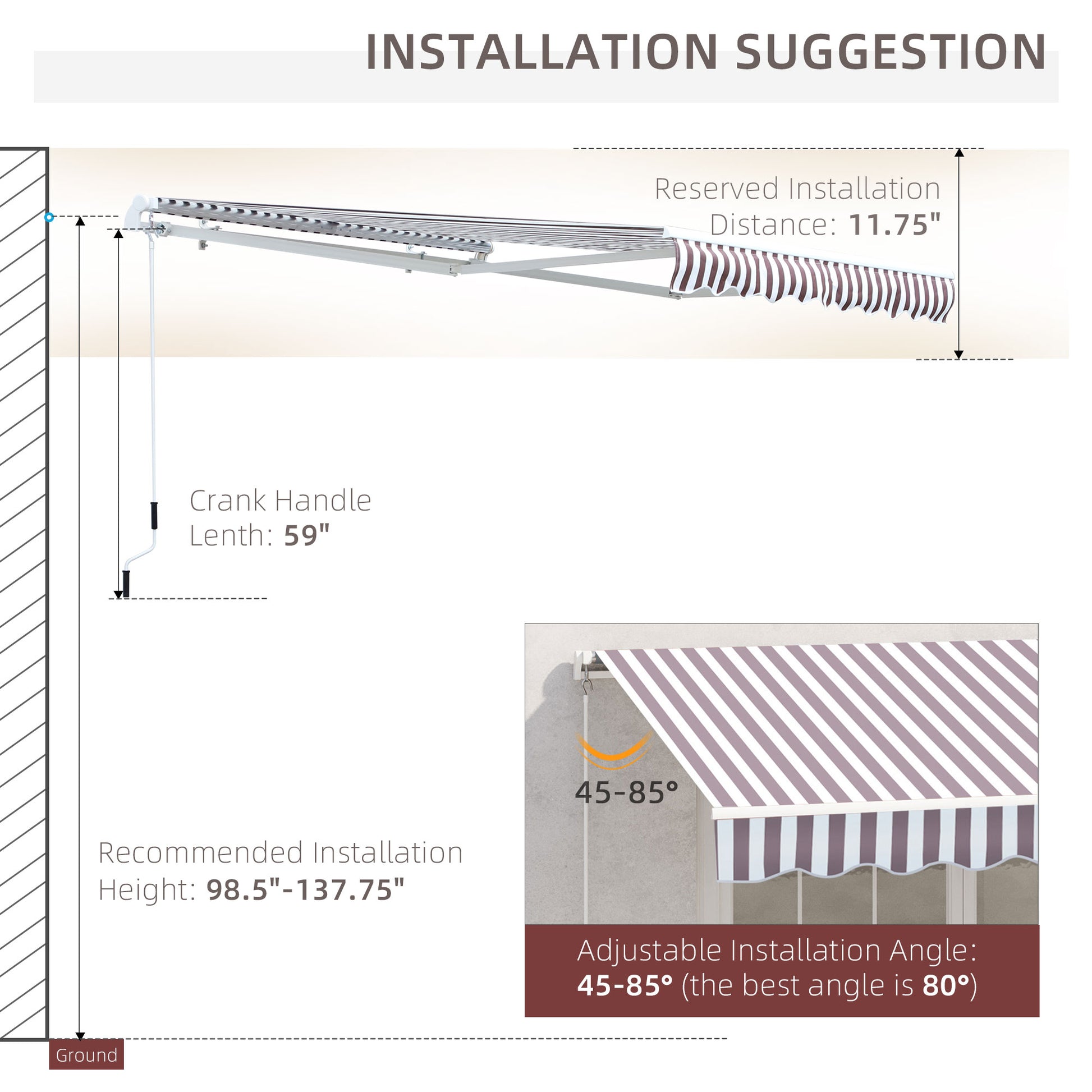 Retractable awning with brown and white stripes  crank handle length