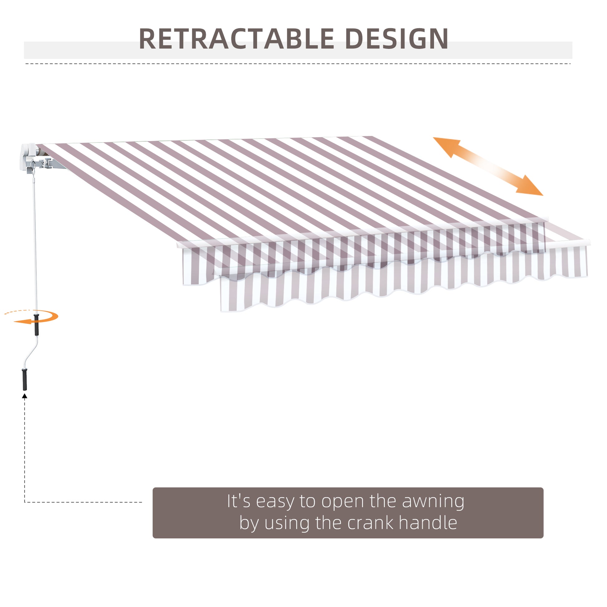 Striped retractable awning in mauve and white extended with crank handle