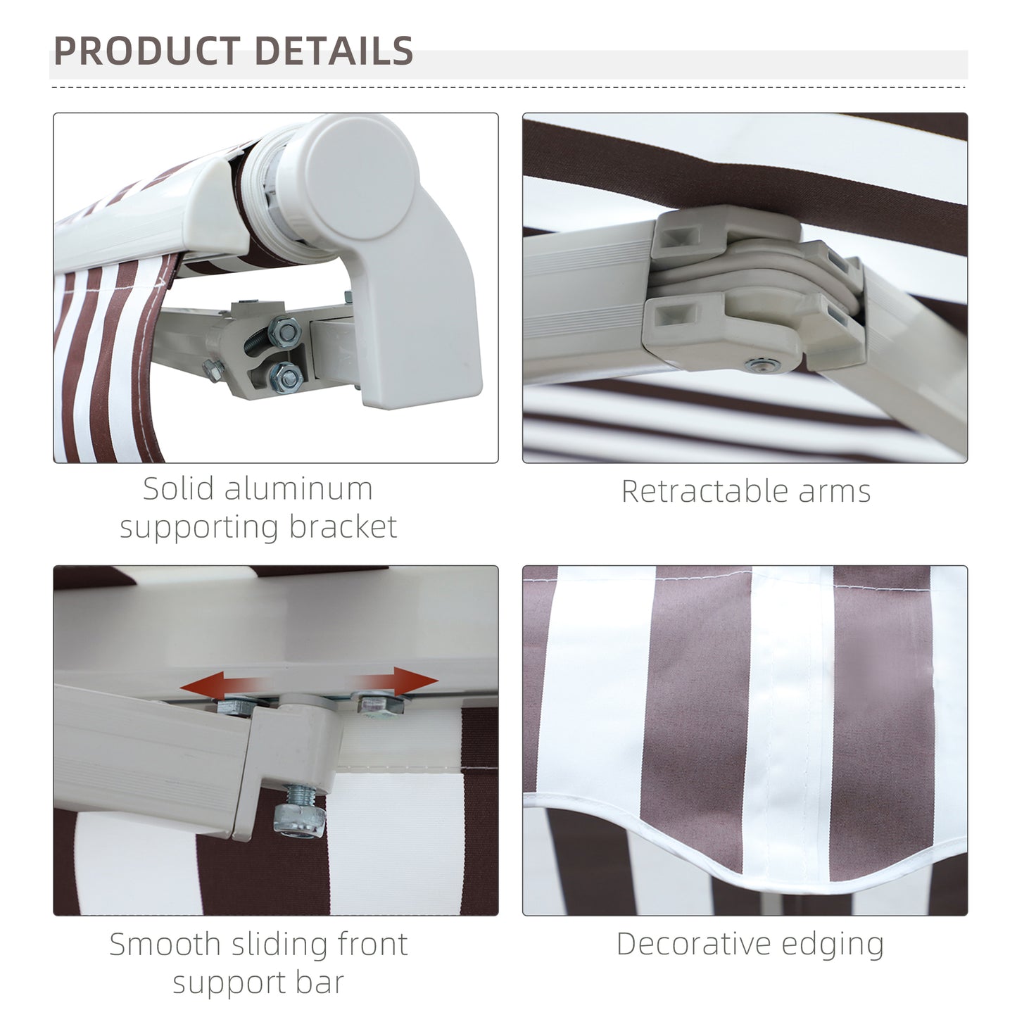 Brown and white striped awning fabric with adjustable mounting bracket