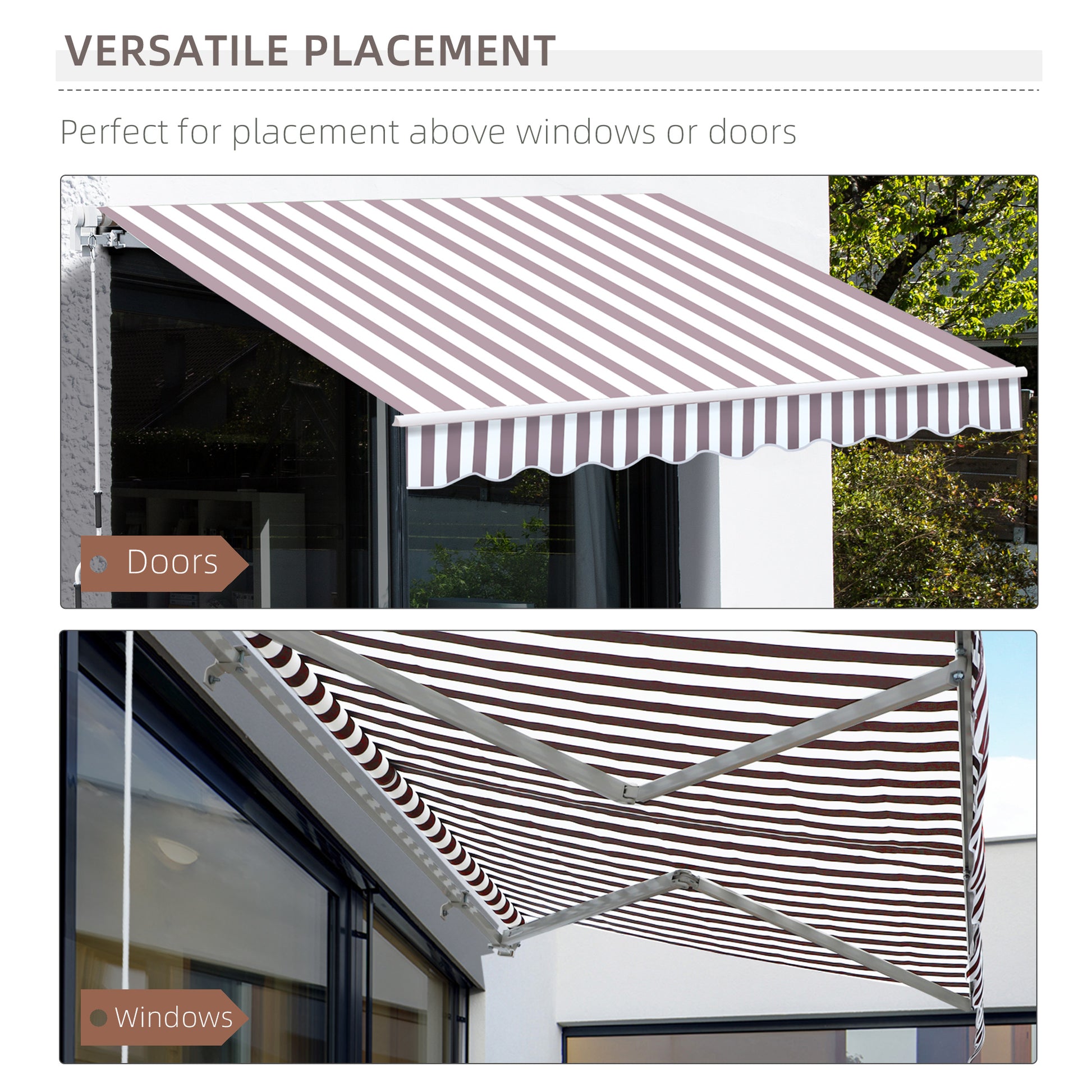 Retractable awning with brown and white stripes perfect for patio doors