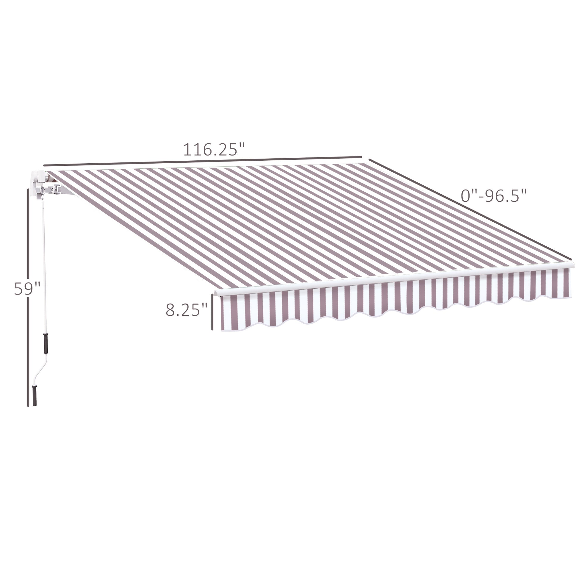 Adjustable patio awning with purple and white stripes featuring crank operation