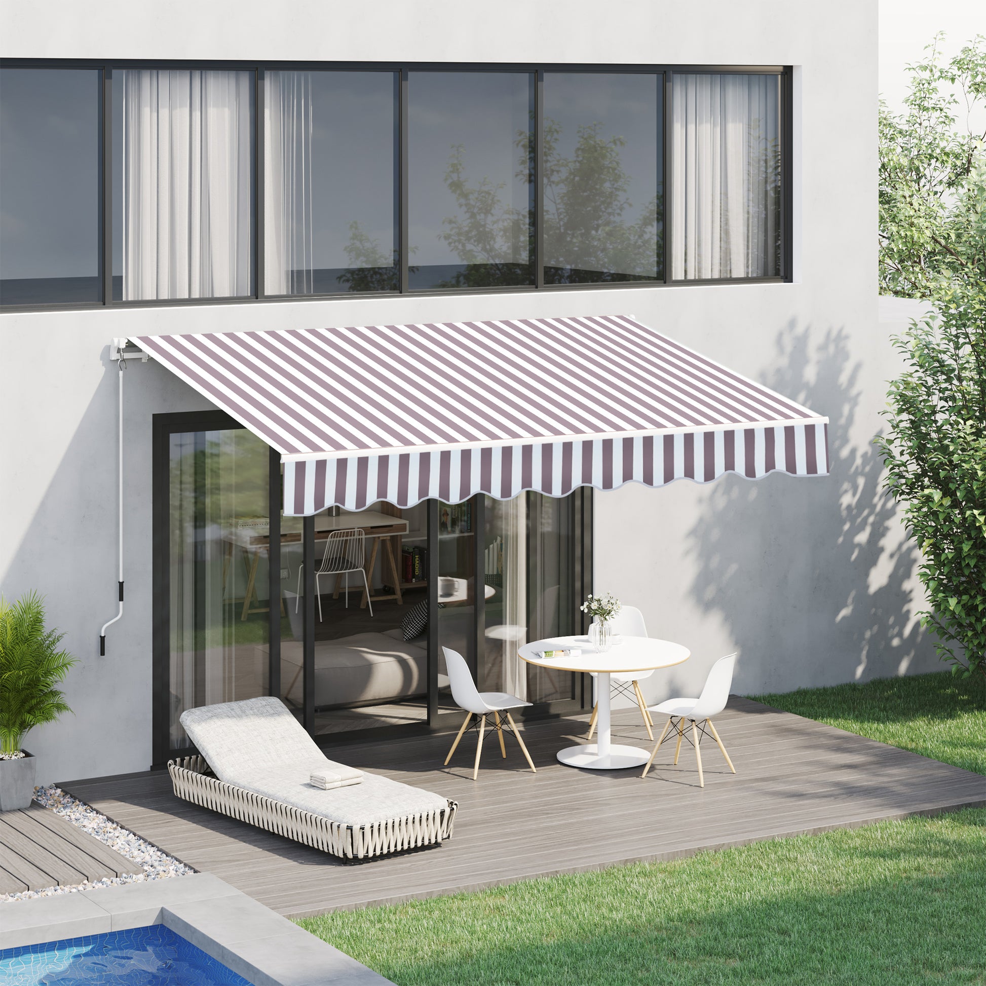 Striped retractable awning in purple and white fabric for outdoor patio shade