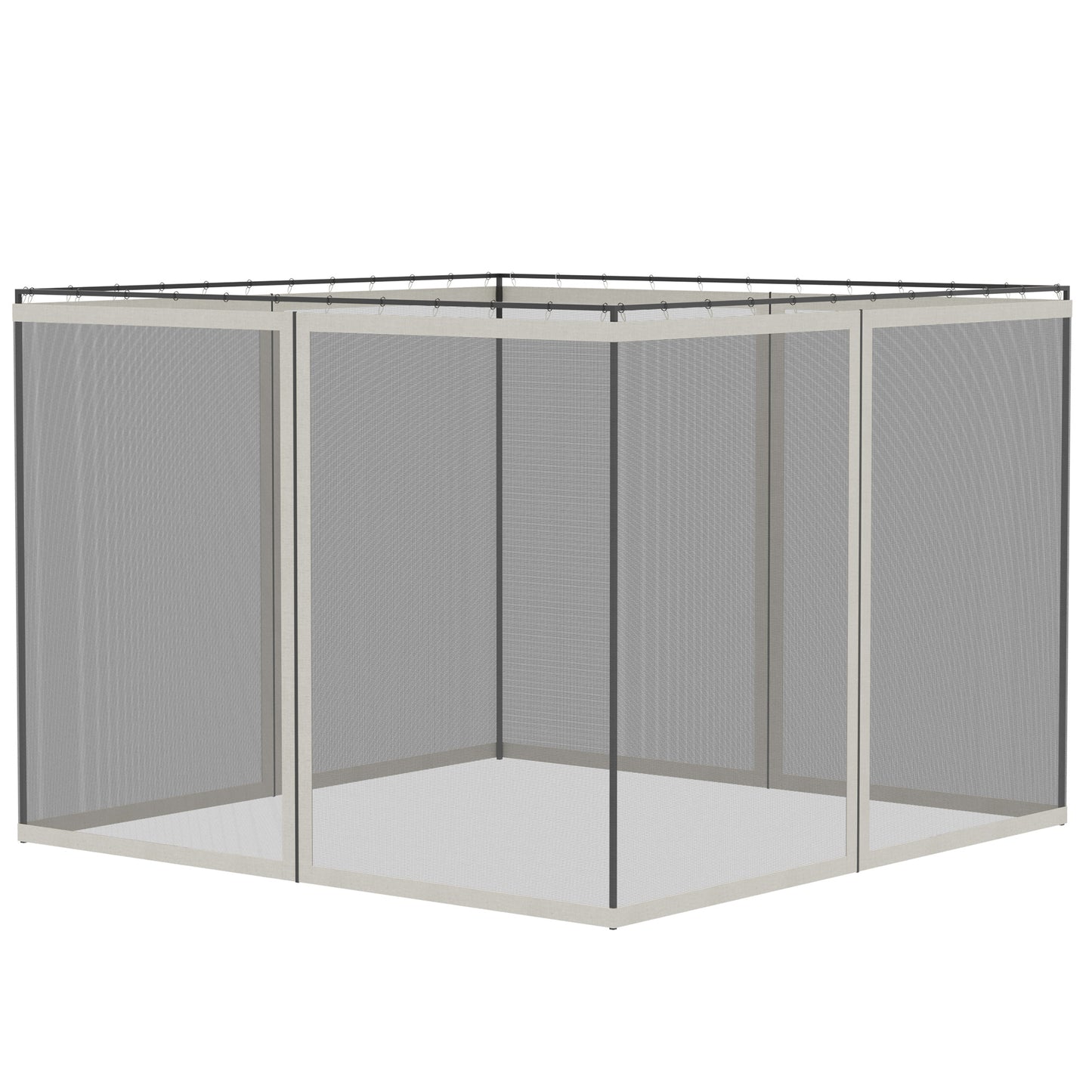 Mosquito net gazebo with beige frame and gray mesh screens for outdoor patios
