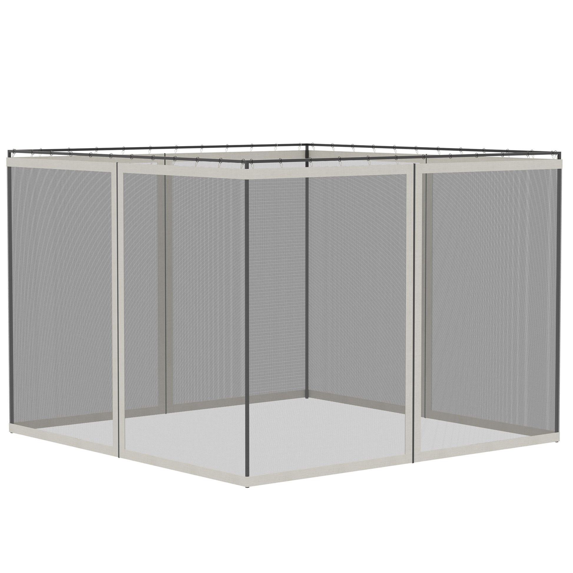 Tan aluminum gazebo frame with mesh screen walls for outdoor protection