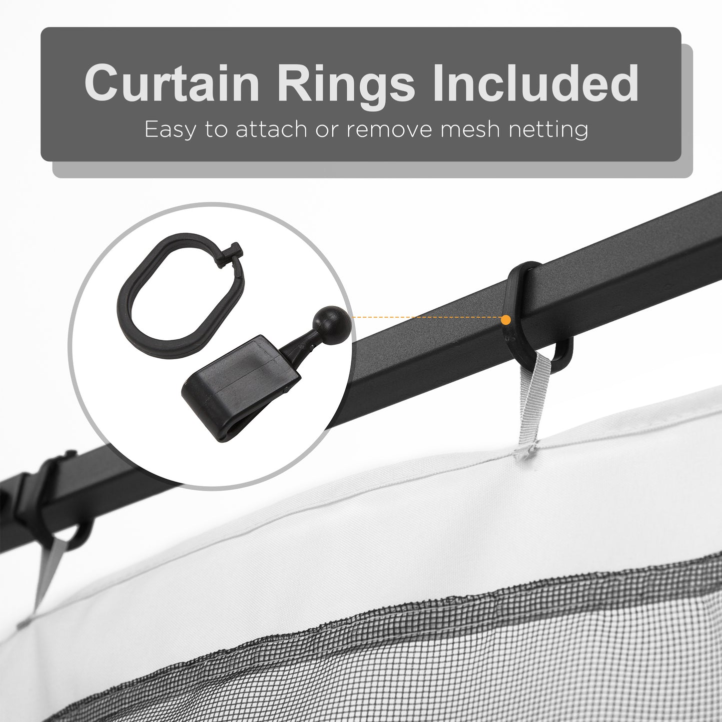 Black plastic curtain rings with clips for hanging netting on rods