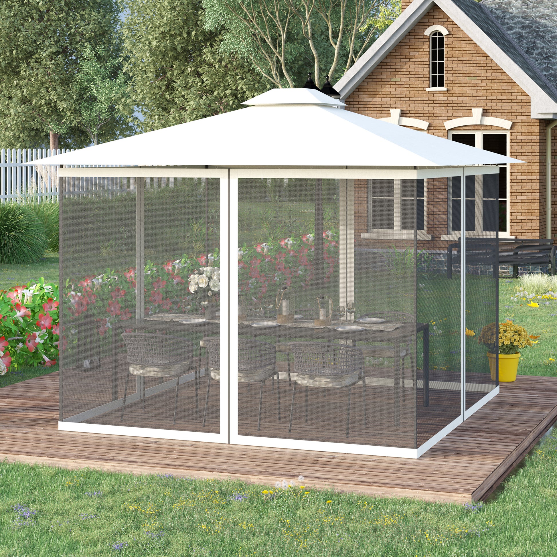 White screened gazebo with outdoor dining set on wooden deck in backyard