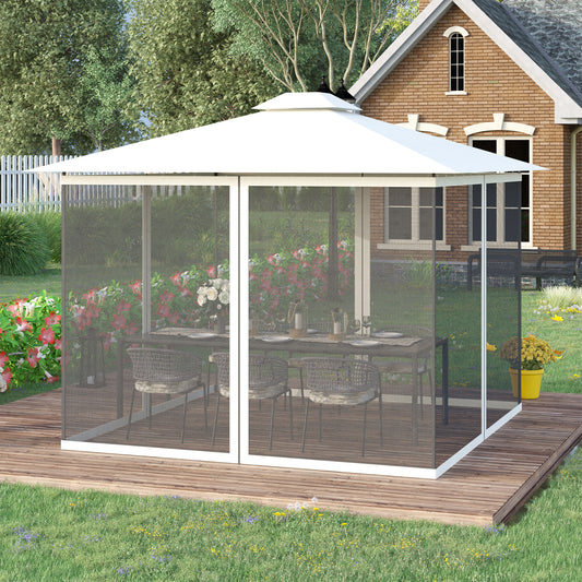 White screened gazebo with outdoor dining set on wooden deck in backyard
