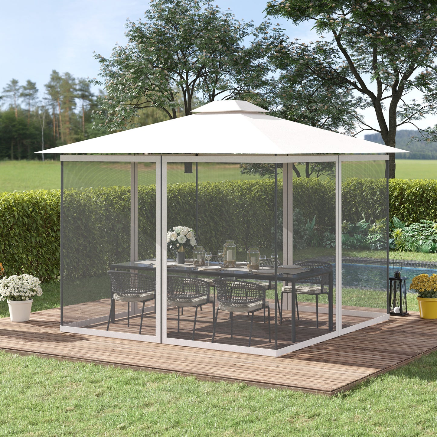 White screened patio gazebo with outdoor dining set on wooden deck