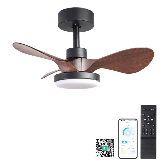 Modern black ceiling fan with three dark woodgrain blades and LED light