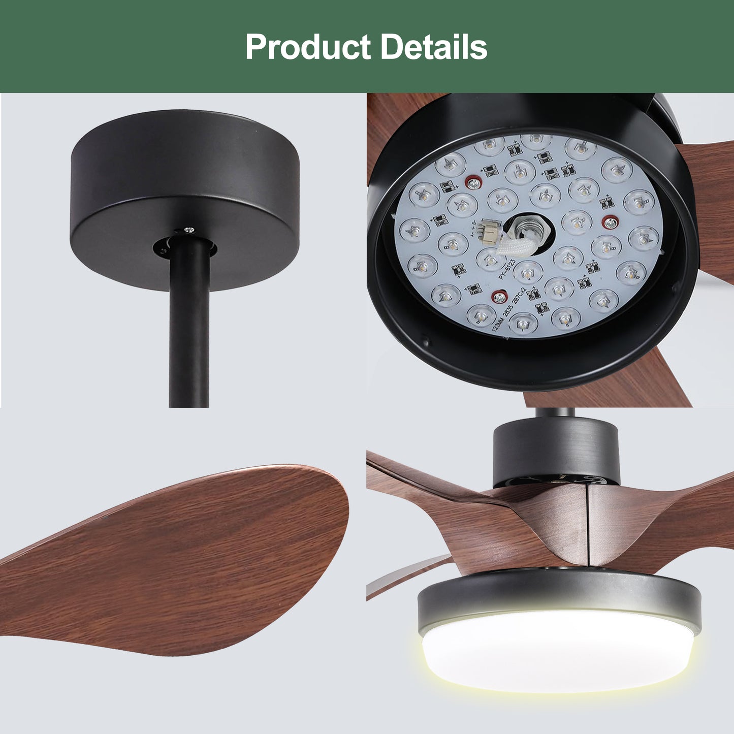 Closeup of a modern black ceiling fan motor with integrated LED light