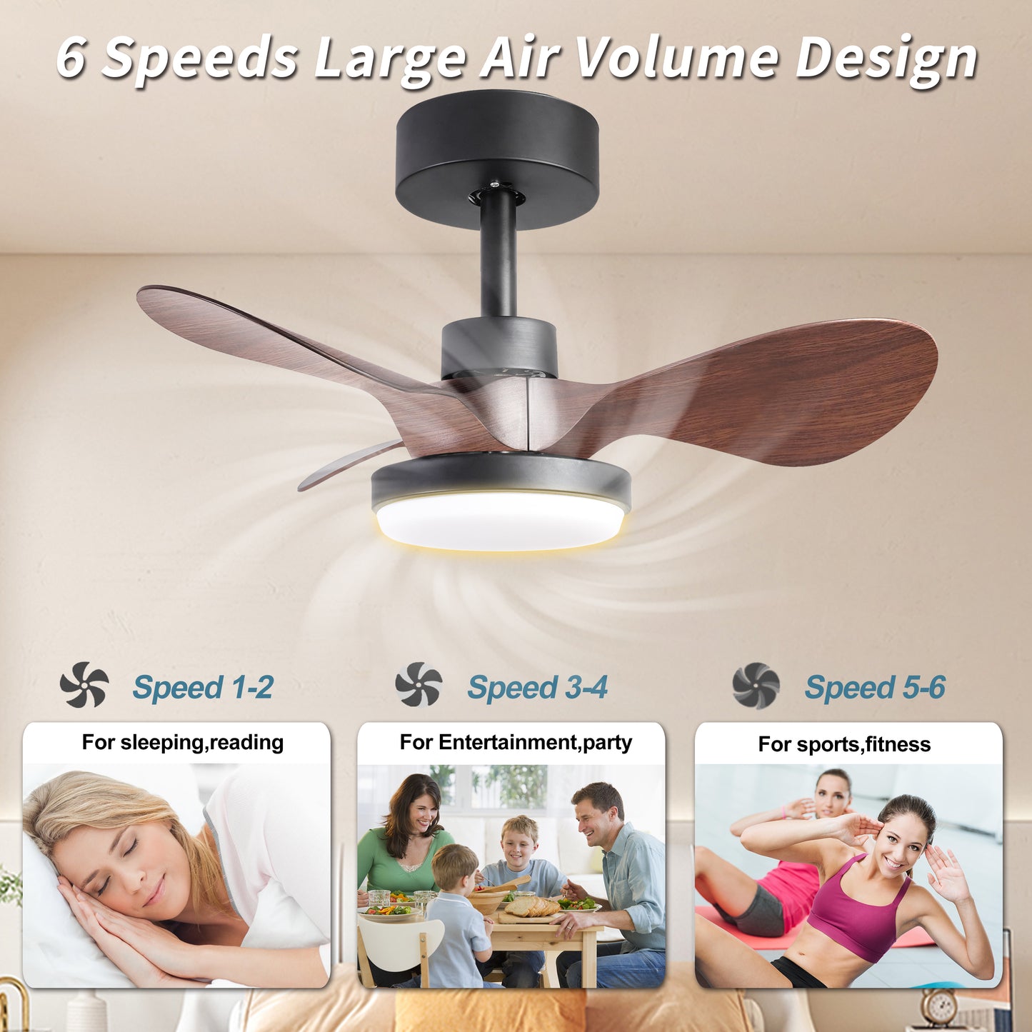 Modern ceiling fan with  dark woodgrain blades and integrated LED light for living rooms
