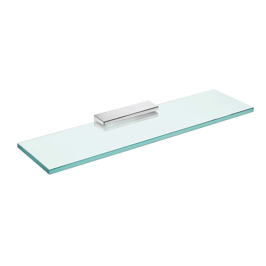 Clear glass shelf with polished chrome bracket for modern bathroom storage