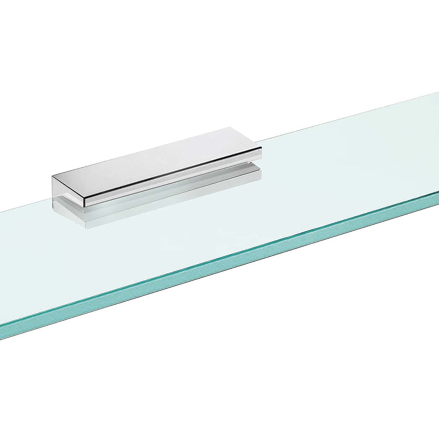 Sleek chrome bracket securing a clear tempered glass shelf for modern bathroom decor