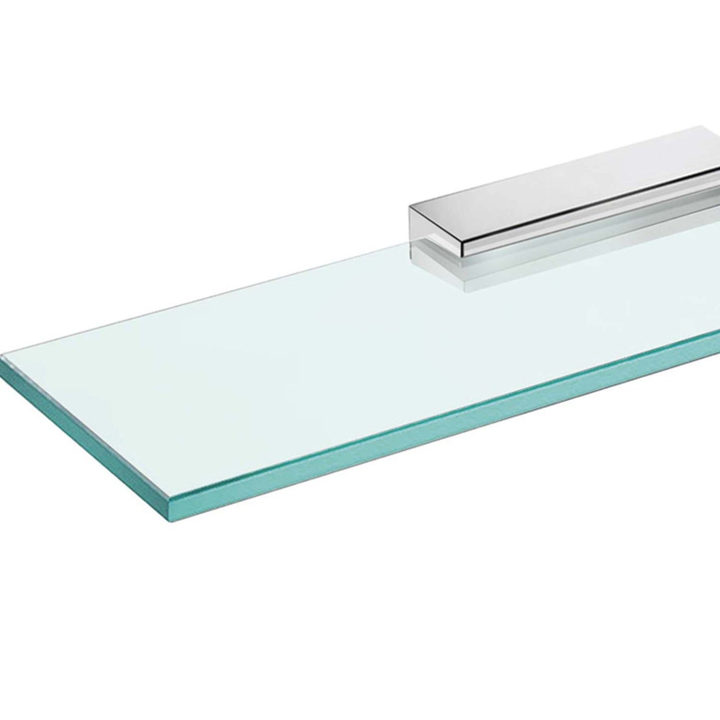 Modern clear glass shelf with polished chrome bracket for bathroom storage