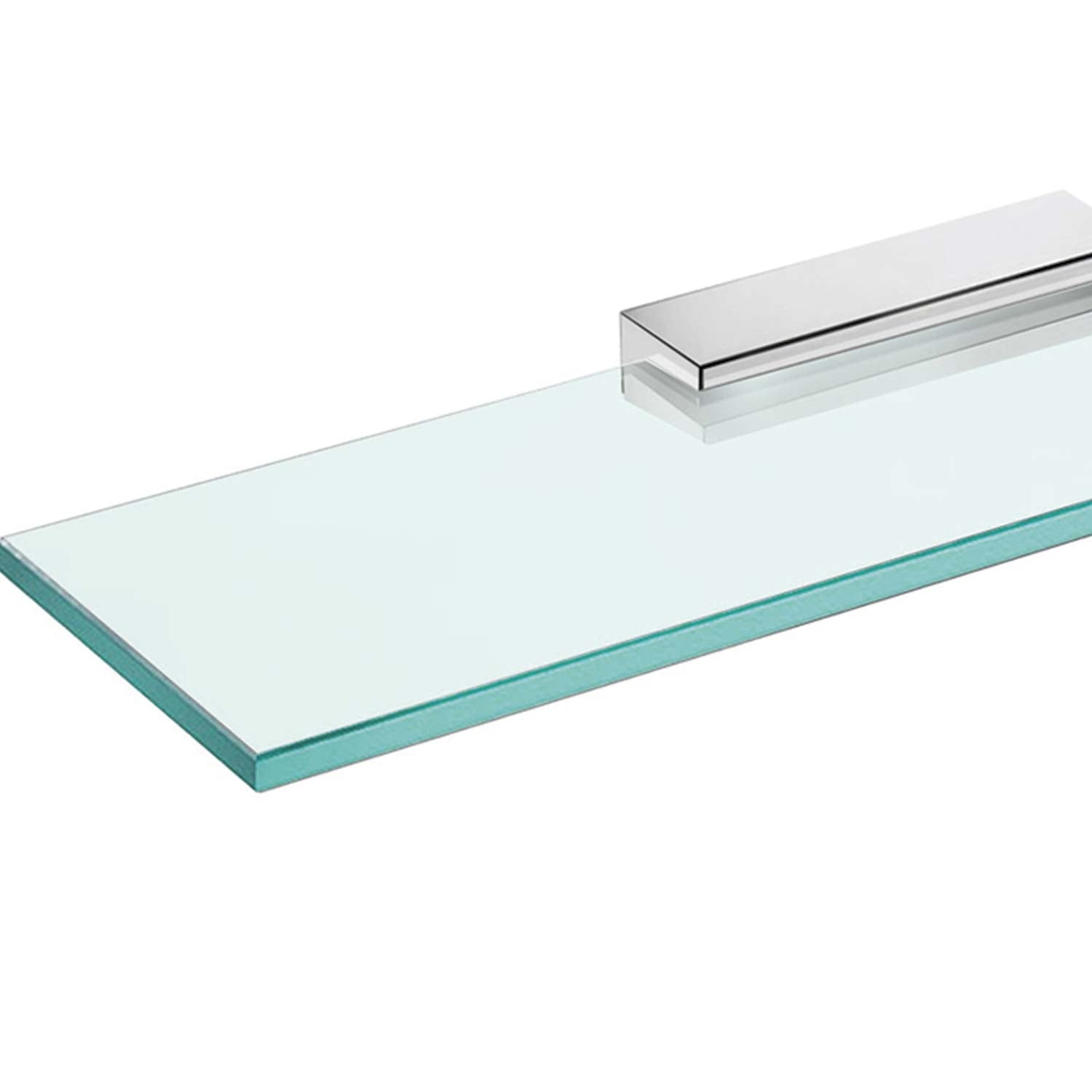 Modern clear glass shelf with polished chrome bracket for bathroom storage