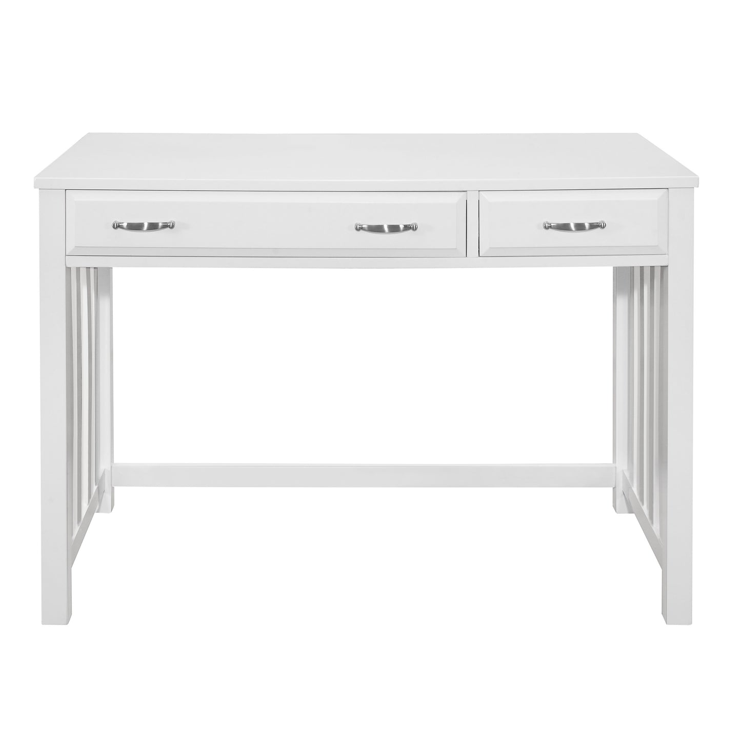 White wooden writing desk with two drawers and silver pulls