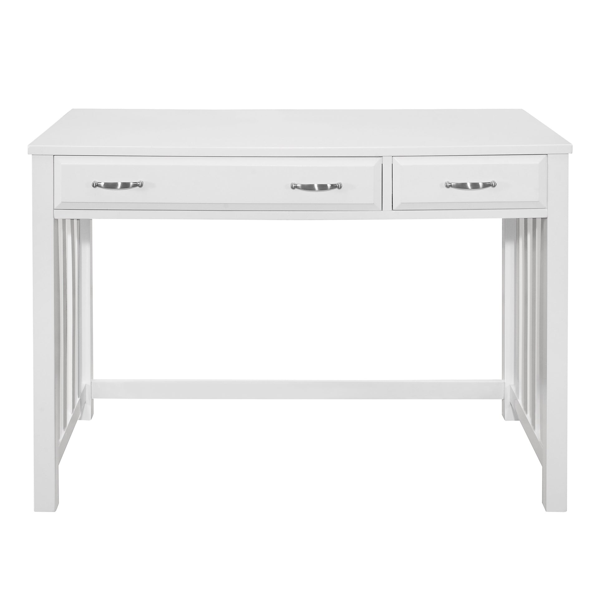 White wooden writing desk with two drawers and silver pulls