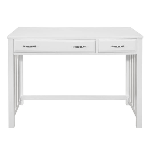 White wooden writing desk with two drawers and silver pulls