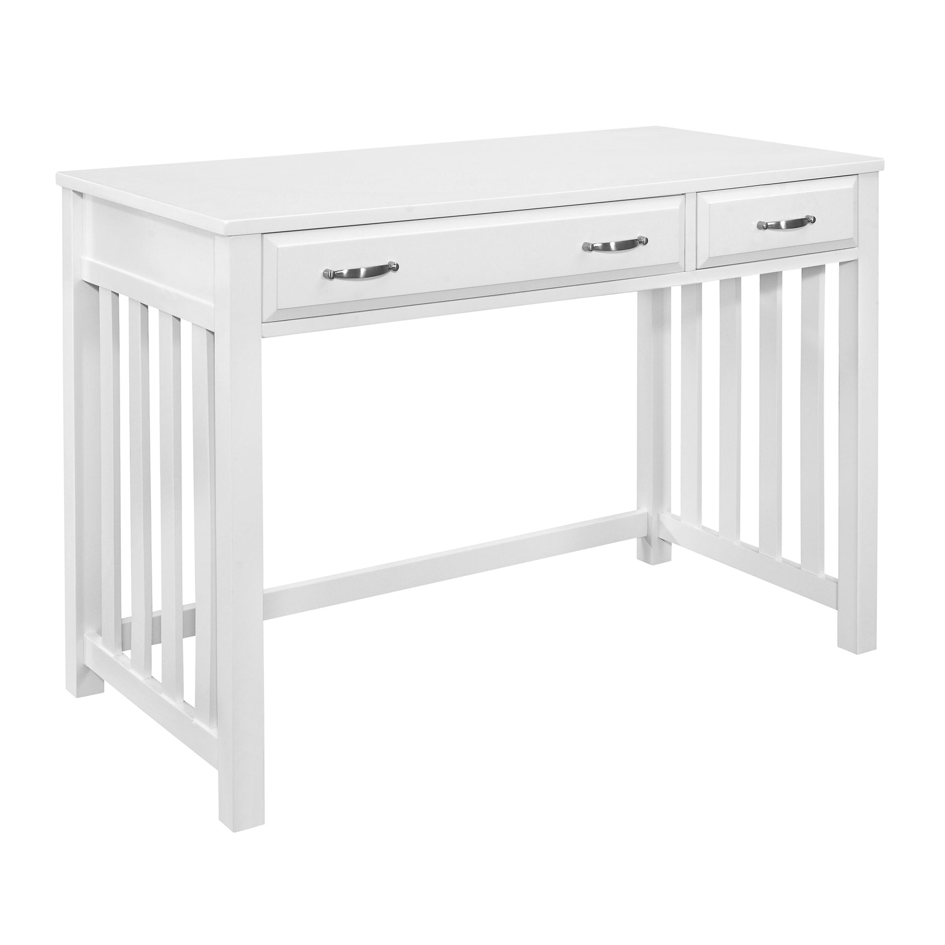 White wooden writing desk with three drawers and slatted side supports