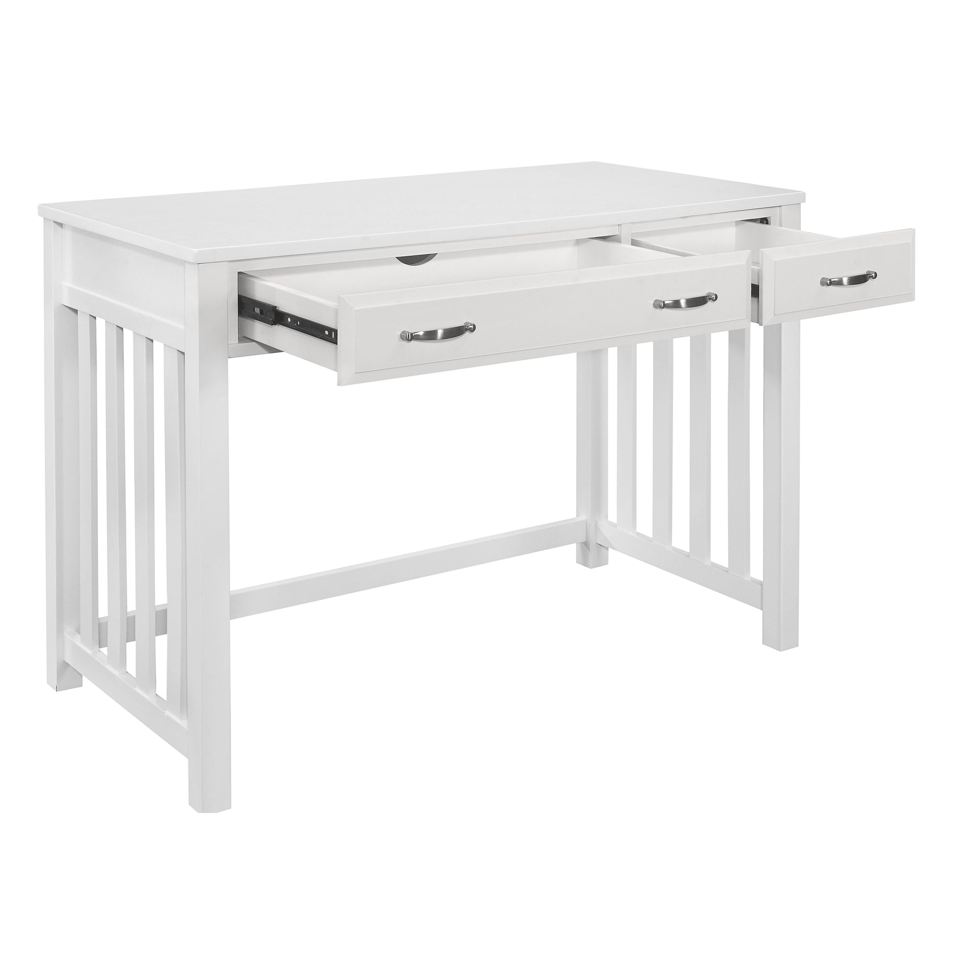 White writing desk with open drawers and silver hardware