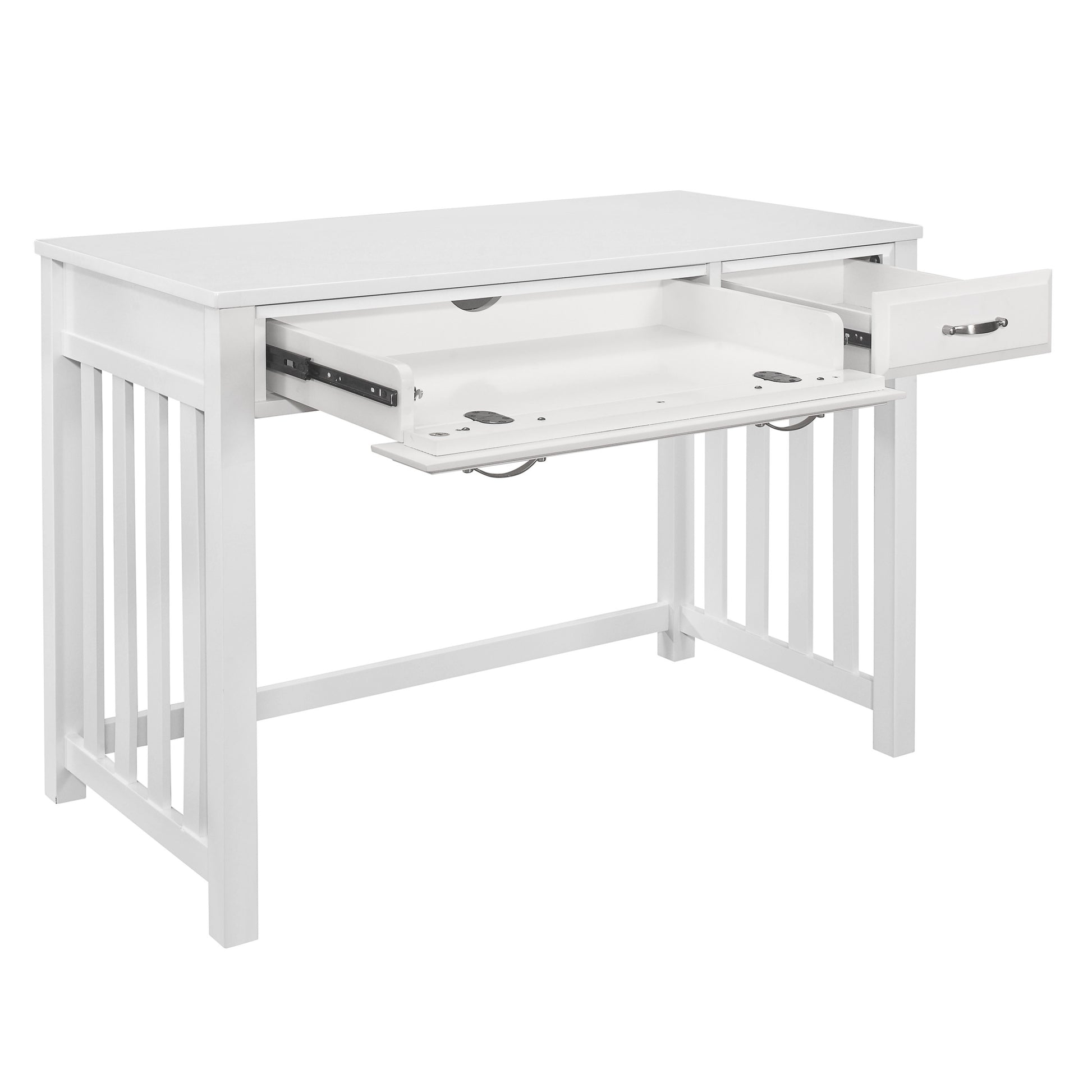White wooden writing desk with pullout keyboard tray and drawer open