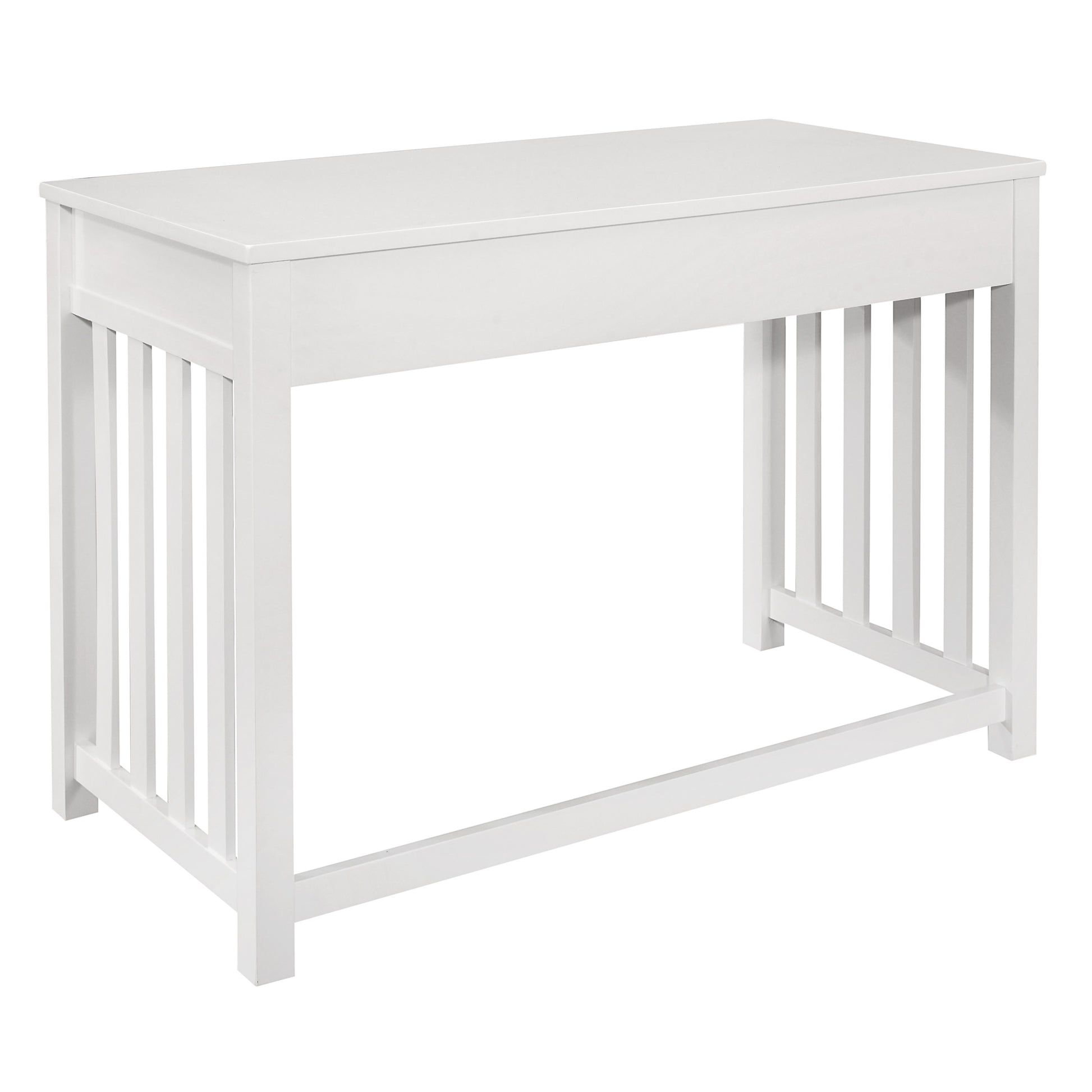 White wooden writing desk with slatted side panels and a clean modern design