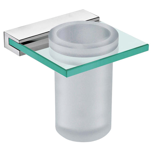 Frosted glass tumbler and holder with polished chrome wall mount ideal for bathroom storage