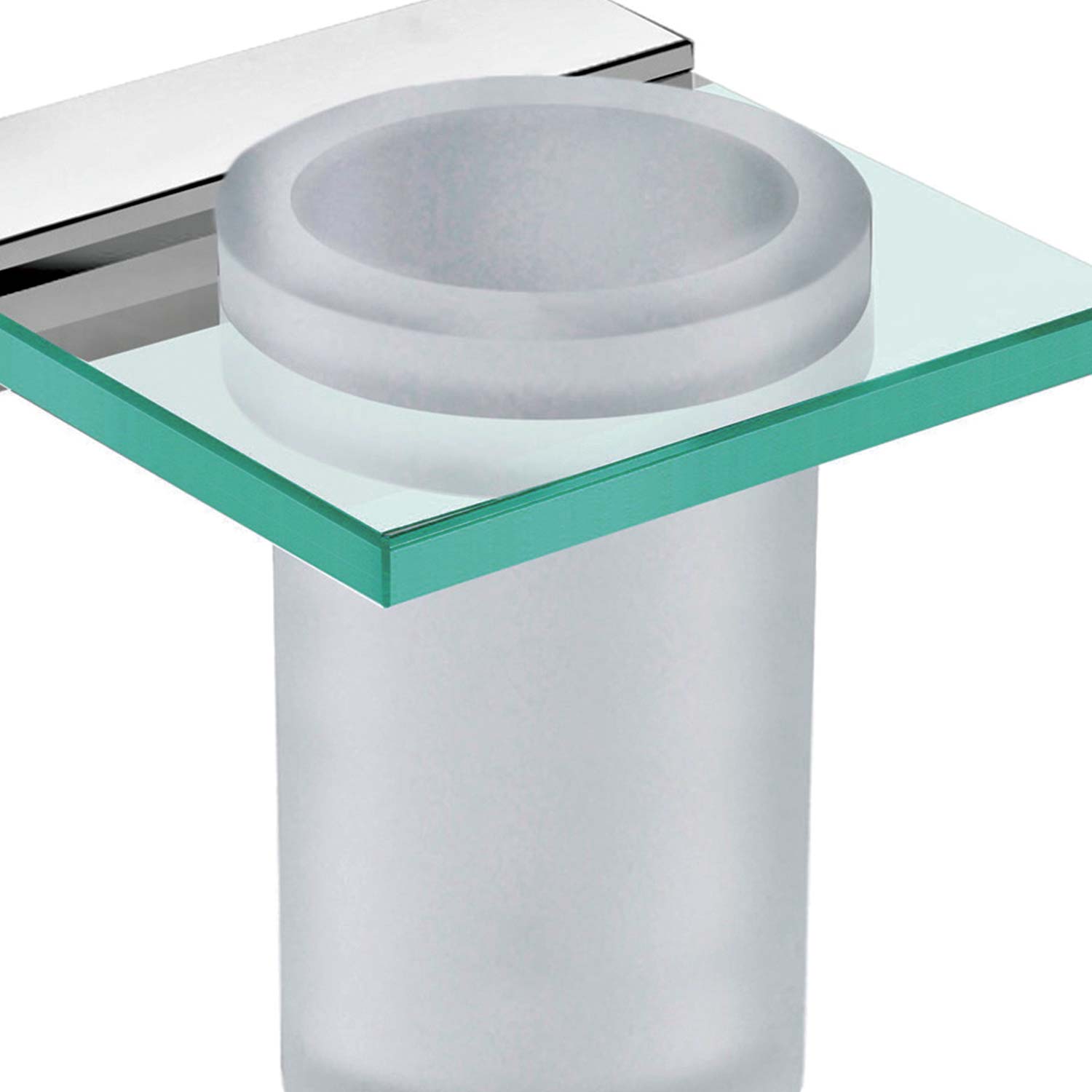Frosted glass toothbrush holder with polished chrome mounting and tempered glass shelf